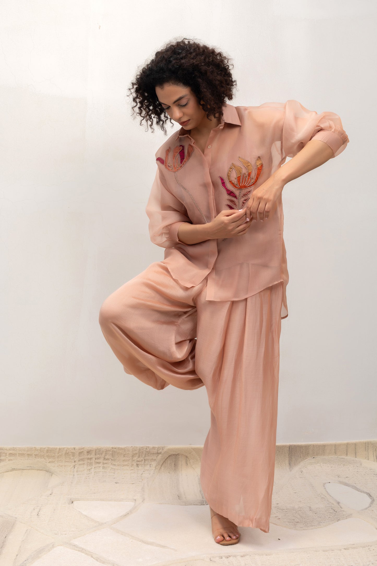Contemporary peach co-ord set with organza shirt and one-side cowl pant — Eeda Spotlight
