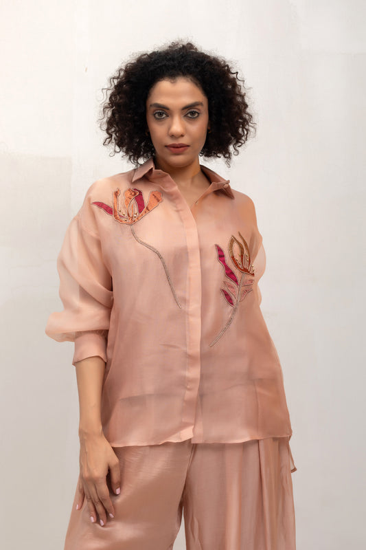 Peach organza shirt with multi-colour tissue flower appliqué — Eeda