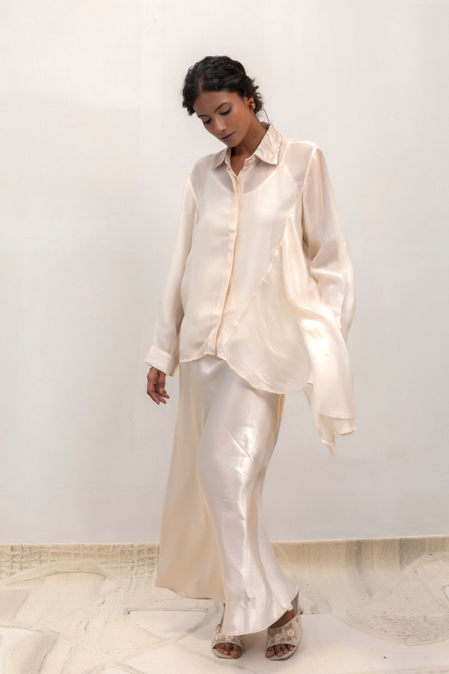 cream embellished-collar shirt with inner, easy with skirt or trouser — Eeda
