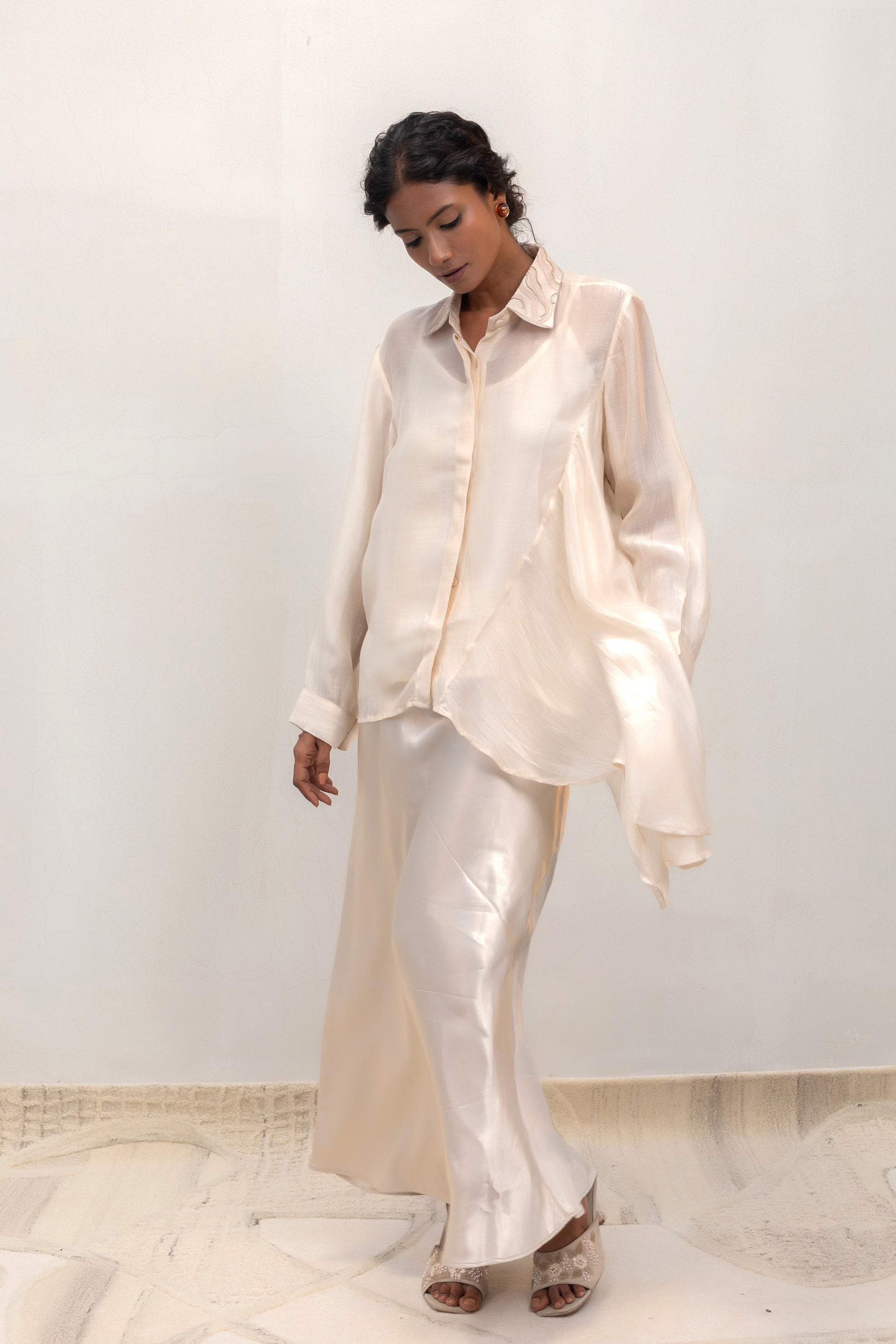 cream embellished-collar shirt with inner, easy with skirt or trouser — Eeda