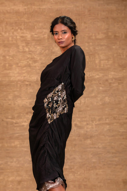 Eeda Silk Side Gather Party Dress - Black