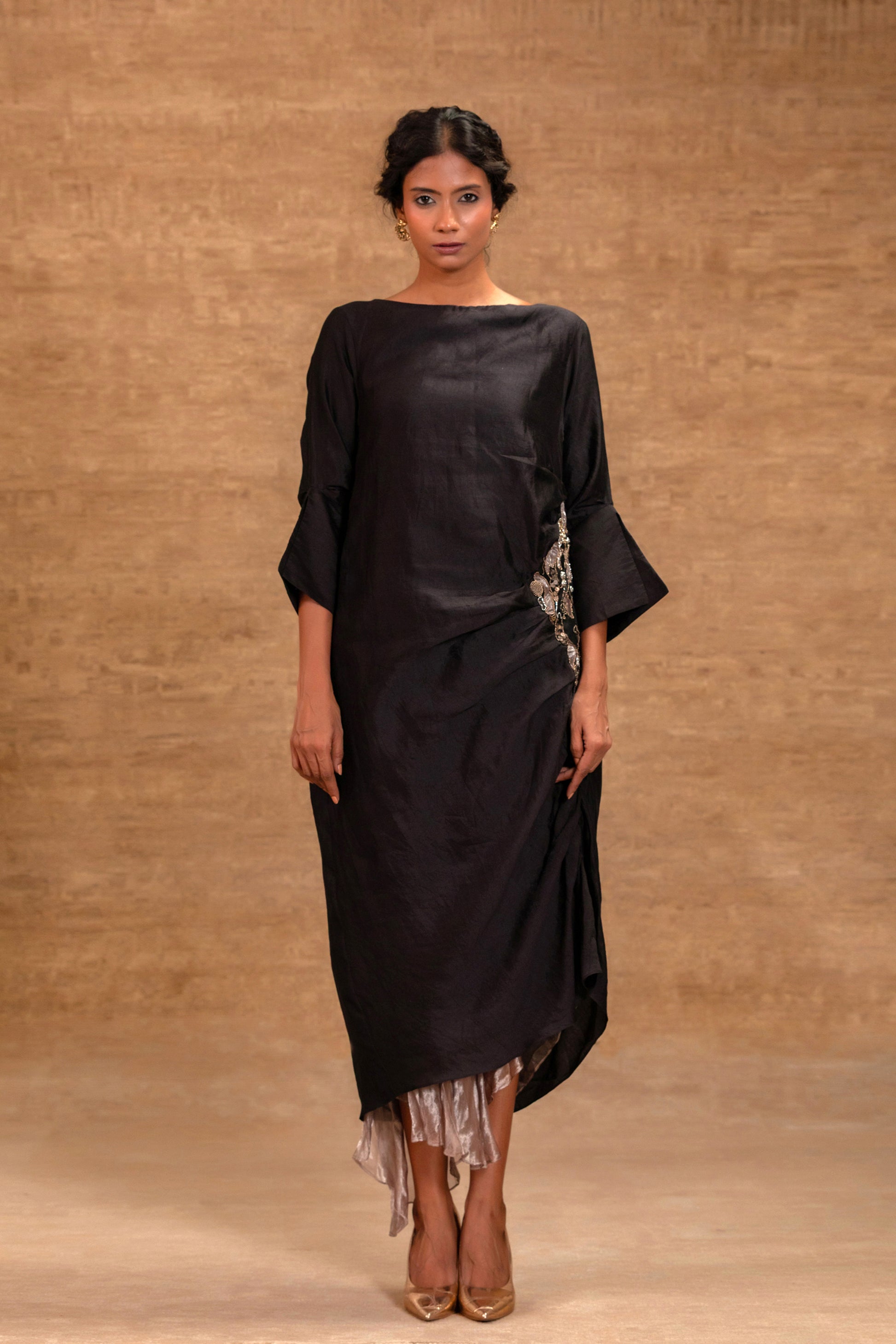 Black high-low dress with side gathers, tissue hem and waist embroidery — Eeda