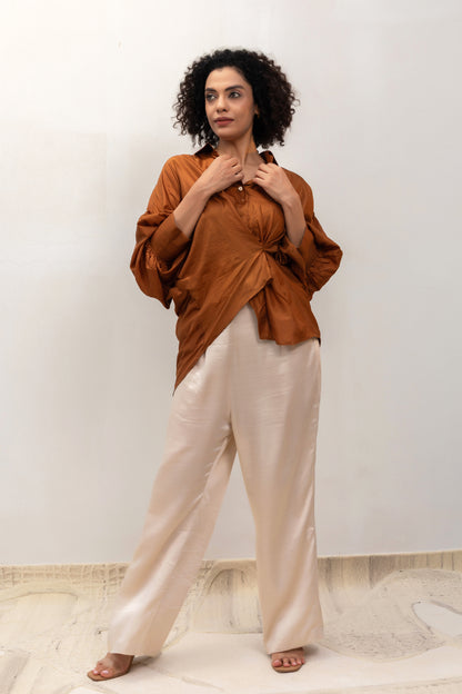 Contemporary camel drape shirt for smart cocktail and brunch looks — Eeda
