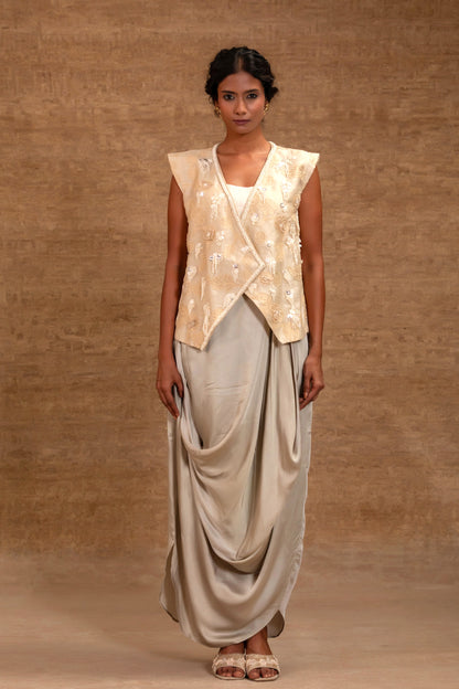 Ivory tissue-appliqué jacket with pearl and sequin work and a pastel-green draped cowl skirt — Eeda Taral