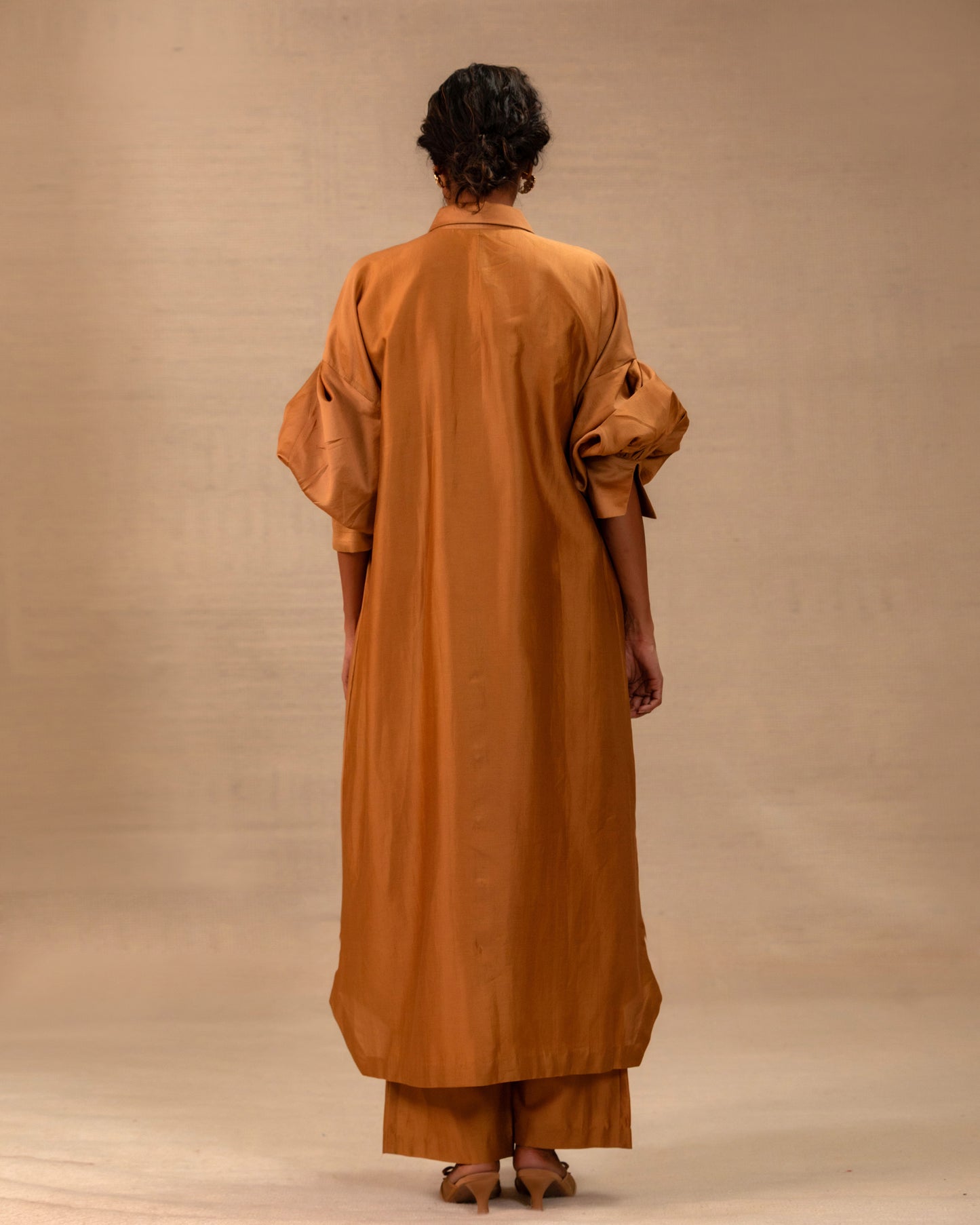 Tinka Silk Chanderi Long Kaftan Kurta Set - Camel