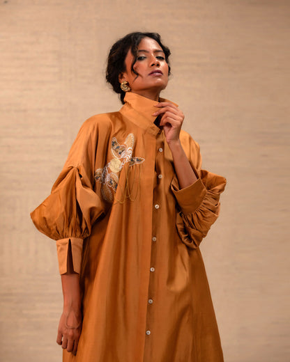 Tinka Silk Chanderi Long Kaftan Kurta Set - Camel