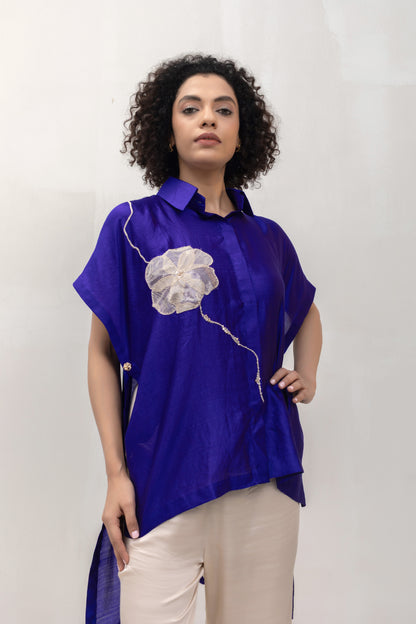 Contemporary blue silk party-wear shirt with metallic bloom appliqué — Eeda Varq