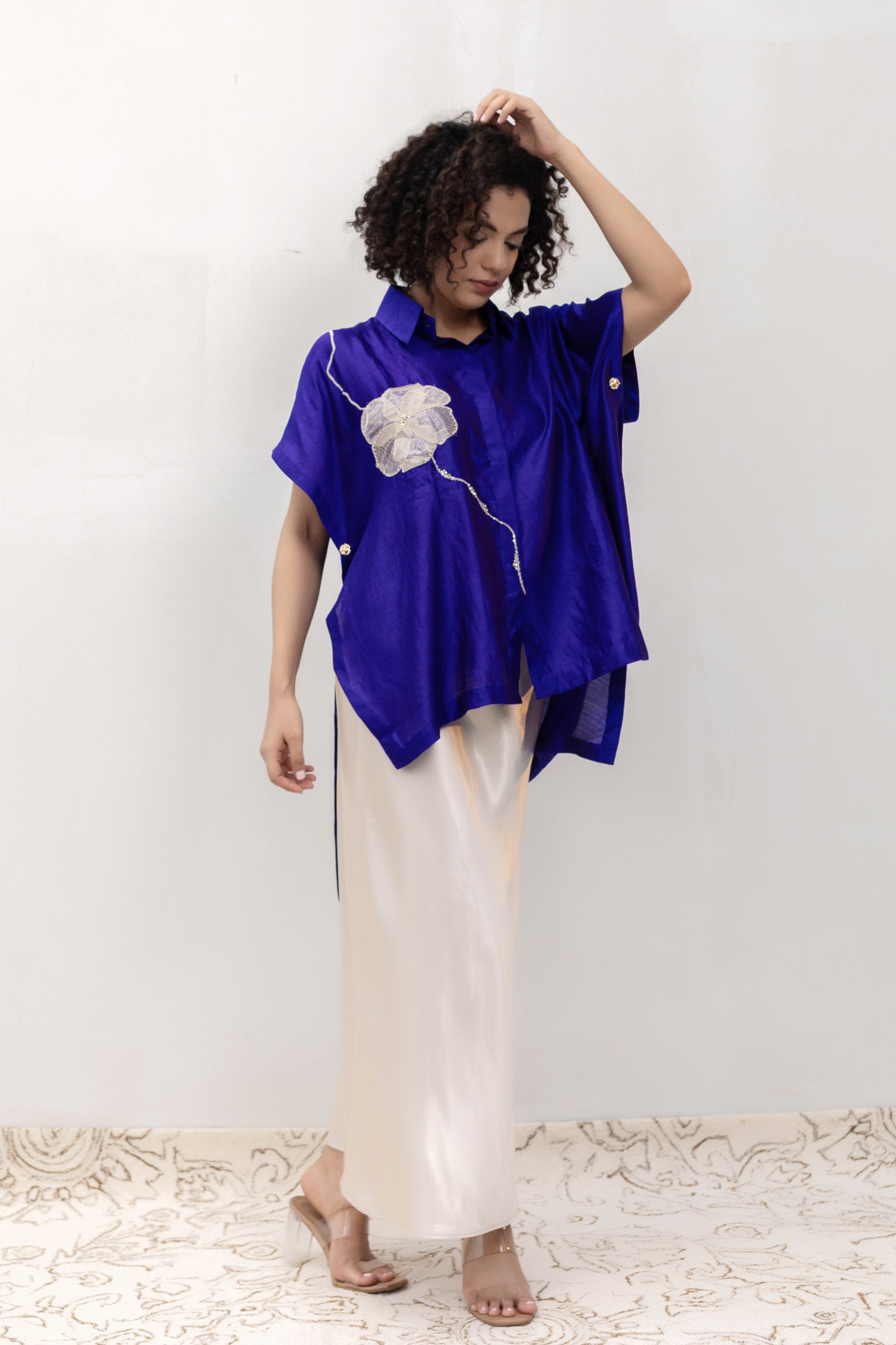Electric blue silk Bloom Shirt with a metallic tissue appliqué bloom — Eeda Varq