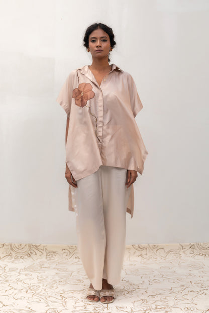 Ivory silk Bloom Shirt with a metallic tissue appliqué bloom — Eeda Varq