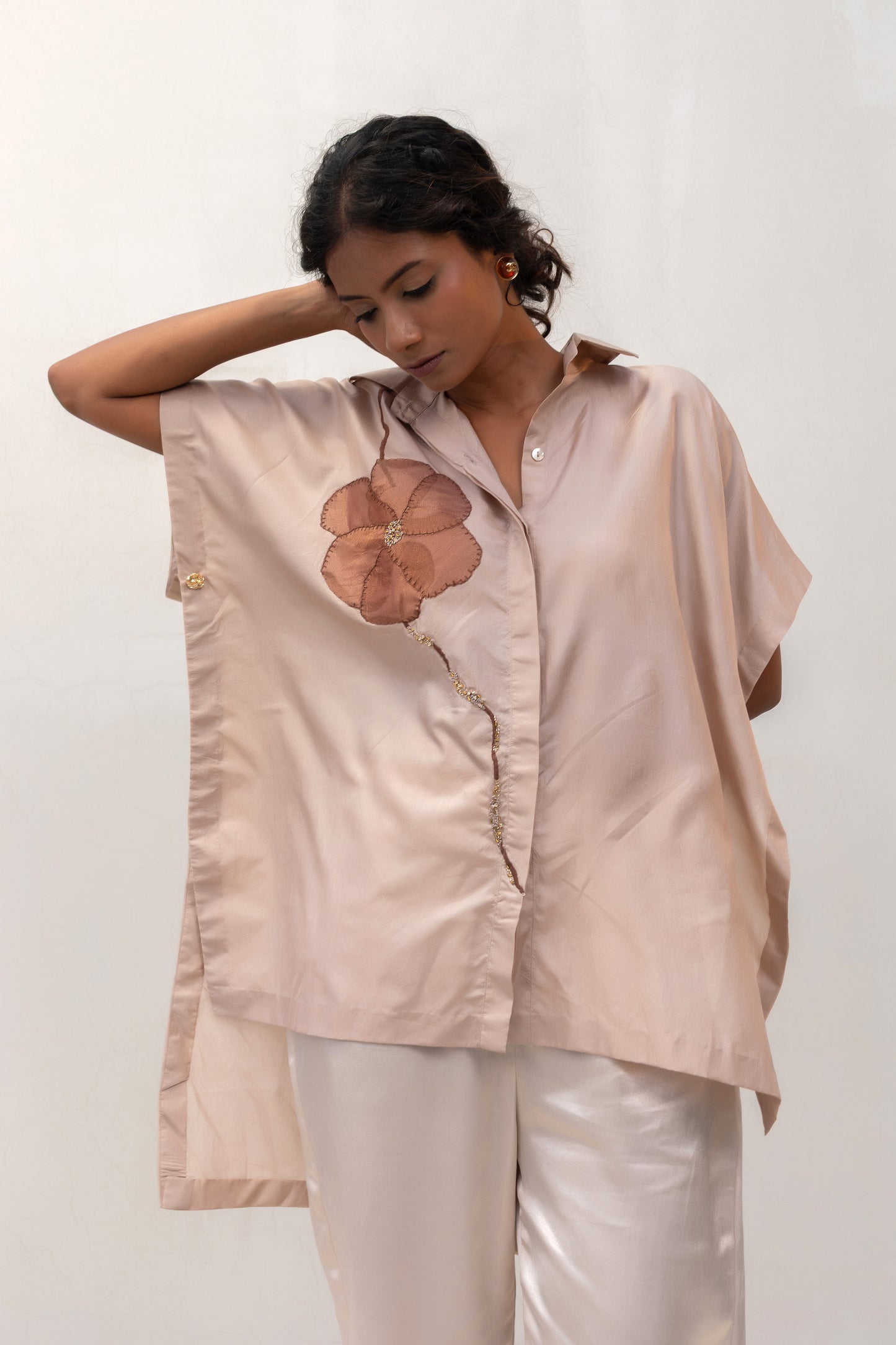 Contemporary offwhite silk party-wear shirt with metallic bloom appliqué — Eeda Varq