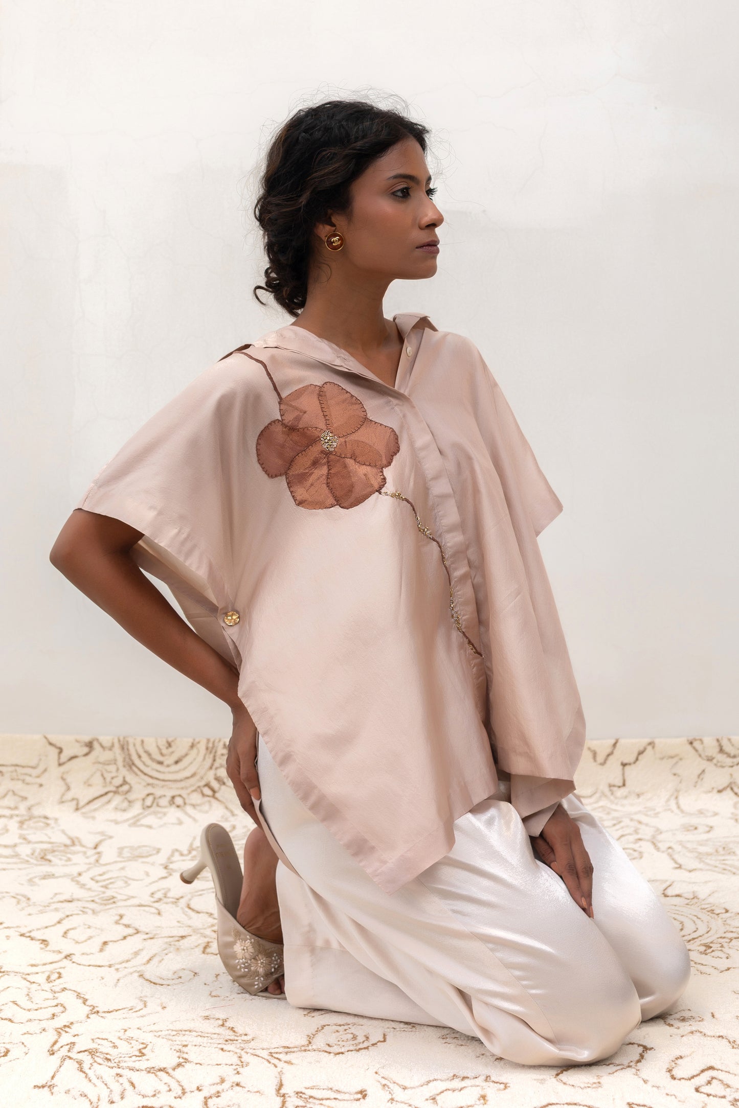 Model in a blush Varq Bloom Shirt styled with pants — Eeda