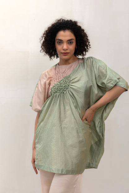 Contemporary pista-green silk tunic top with smocking, relaxed fit — Eeda Varq