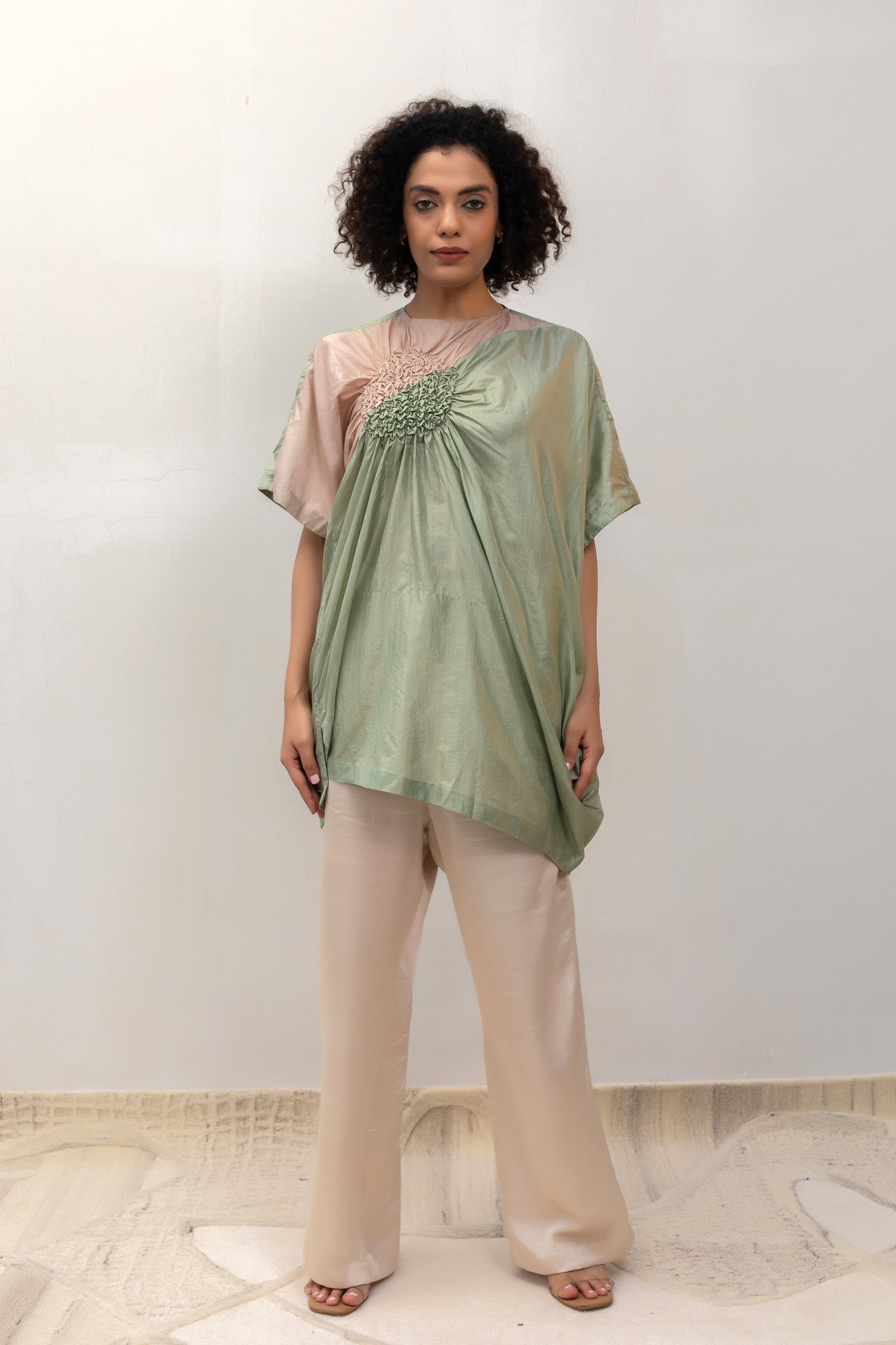 Pista silk Cluster tunic with smocking detail and colour-block — Eeda Varq