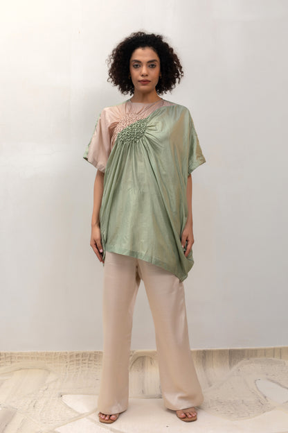Pista silk Cluster tunic with smocking detail and colour-block — Eeda Varq