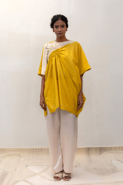 Bright yellow silk Cluster tunic with a metallic side patch — Eeda Varq