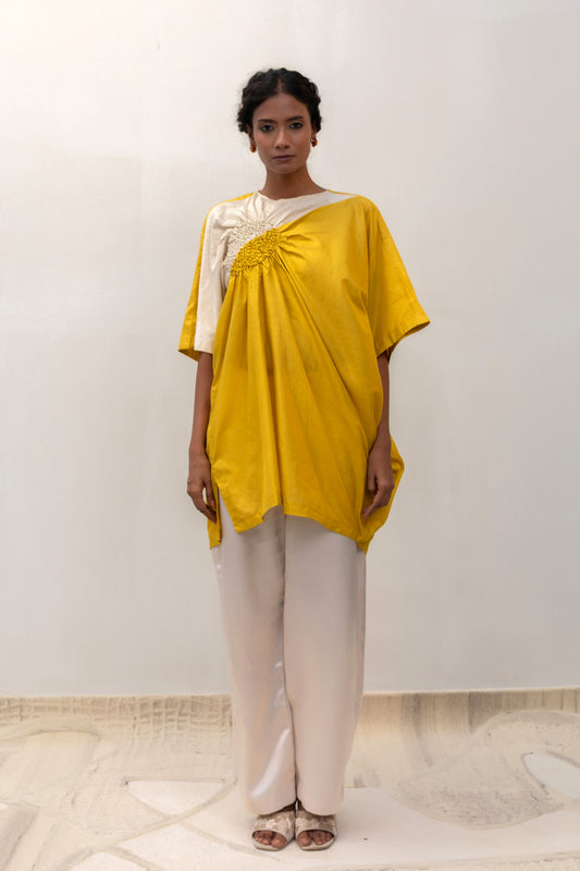 Bright yellow silk Cluster tunic with a metallic side patch — Eeda Varq