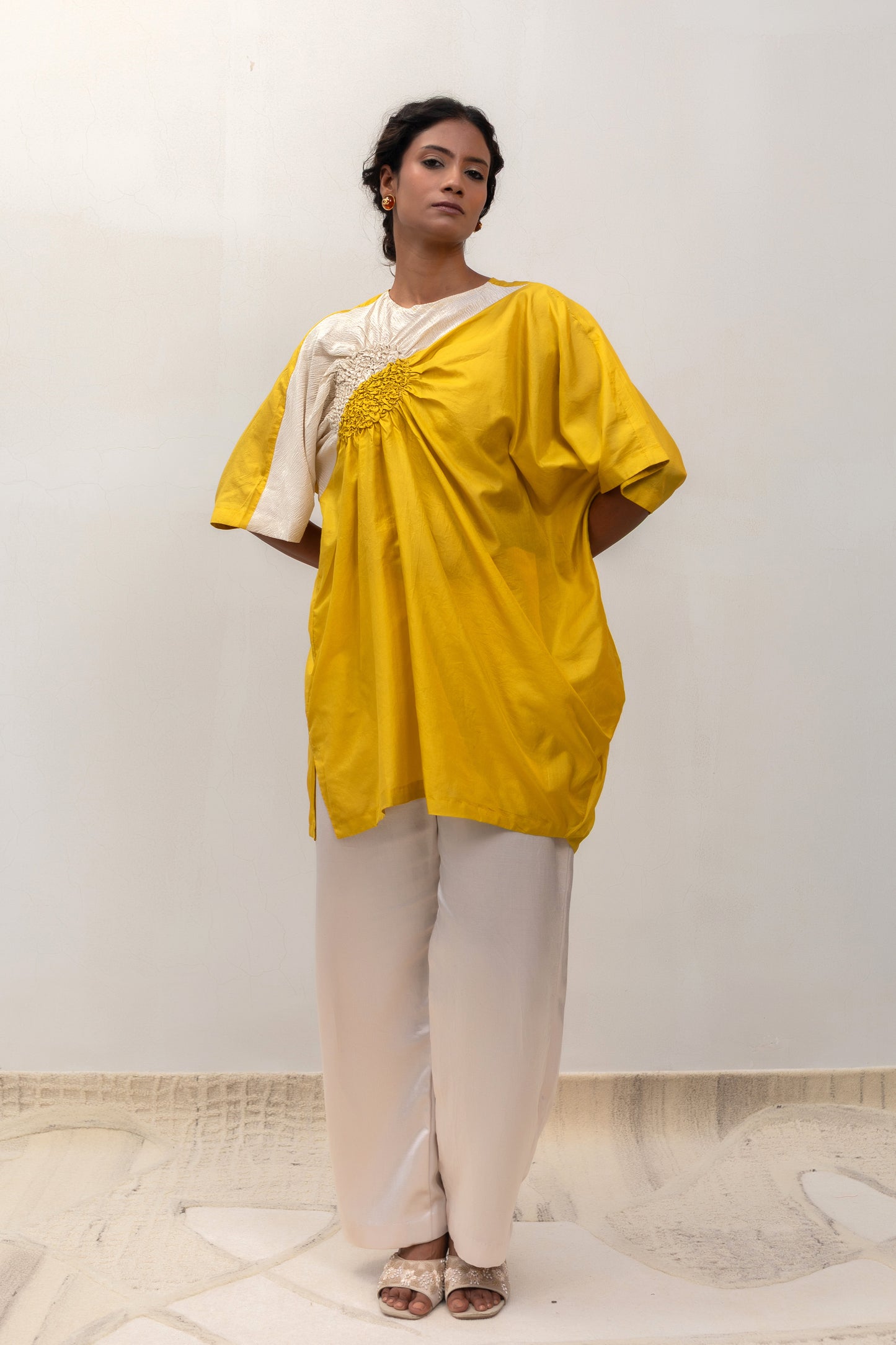 Contemporary yellow silk tunic top with subtle metallic patch — Eeda Varq