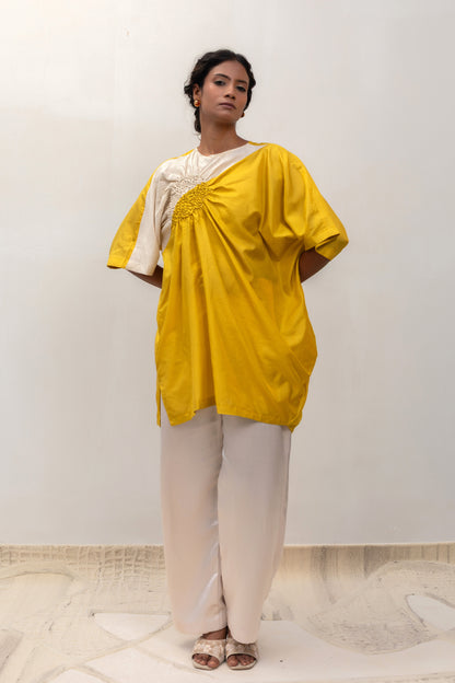 Contemporary yellow silk tunic top with subtle metallic patch — Eeda Varq