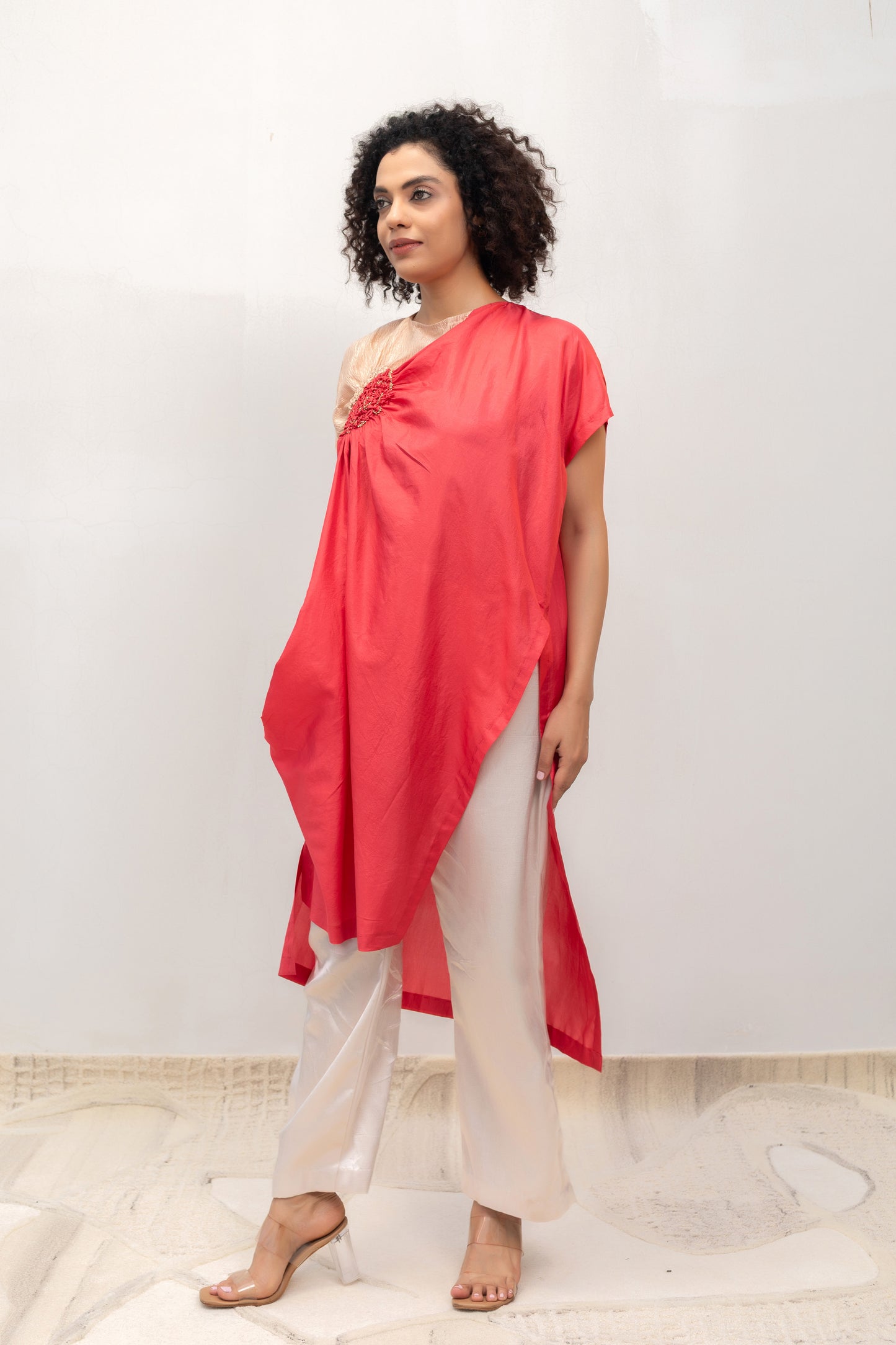 Festive-yet-light orange silk tunic with side cowl, Indian— Eeda Varq