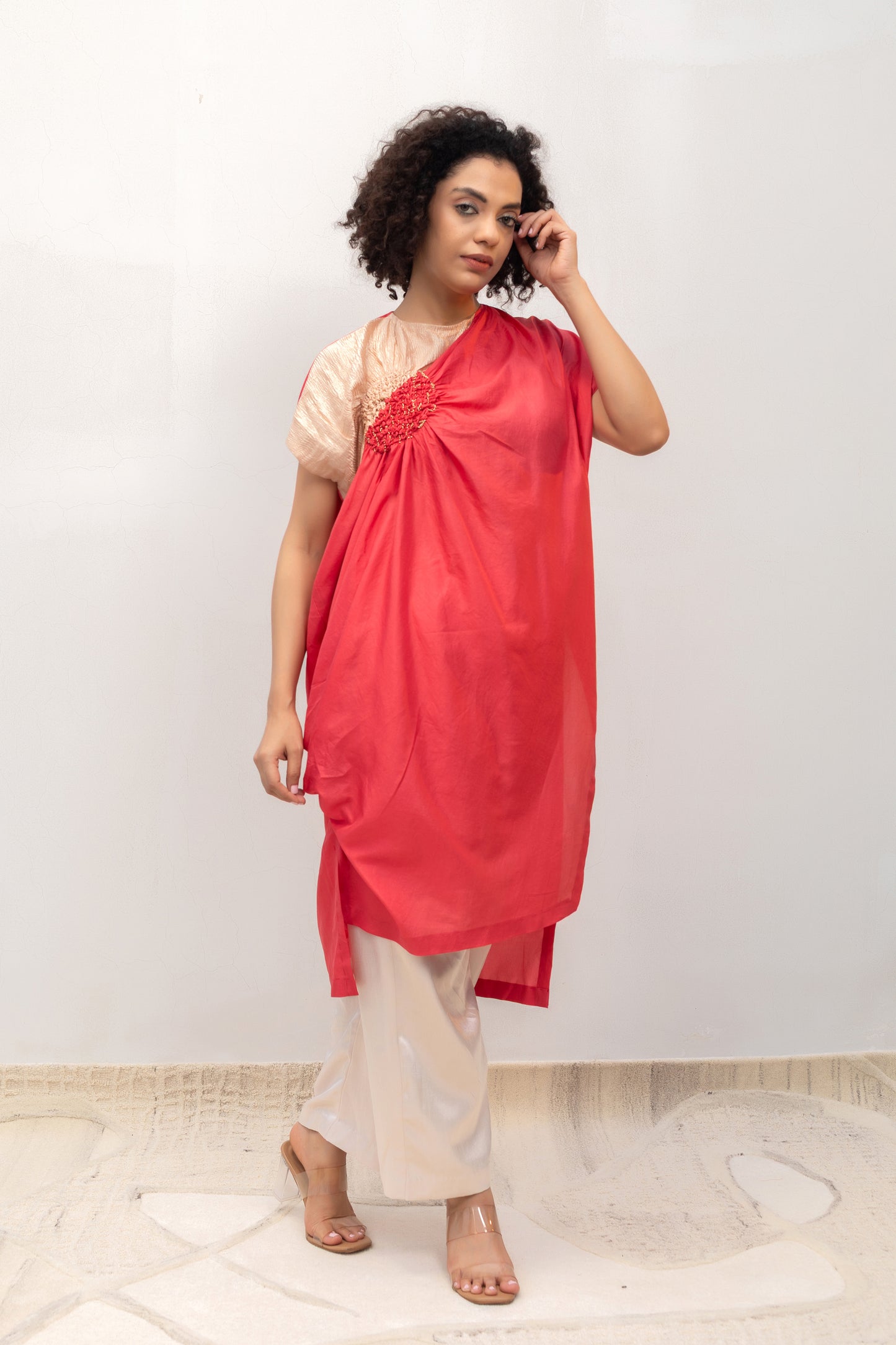 Coral silk Cluster tunic with a soft side cowl and longer cut — Eeda Varq