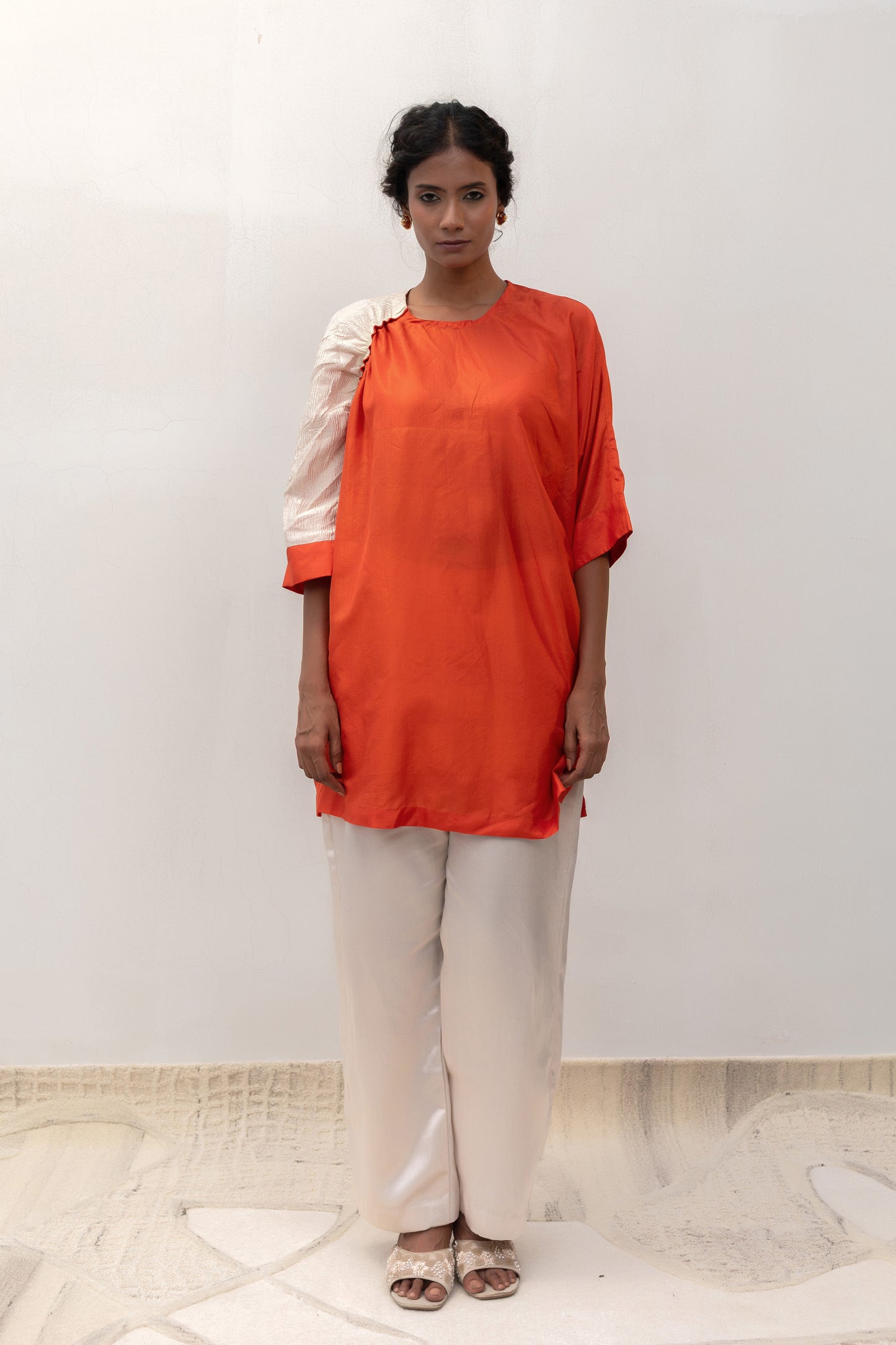Orange silk Duet tunic with a metallic patch on one sleeve — Eeda Varq