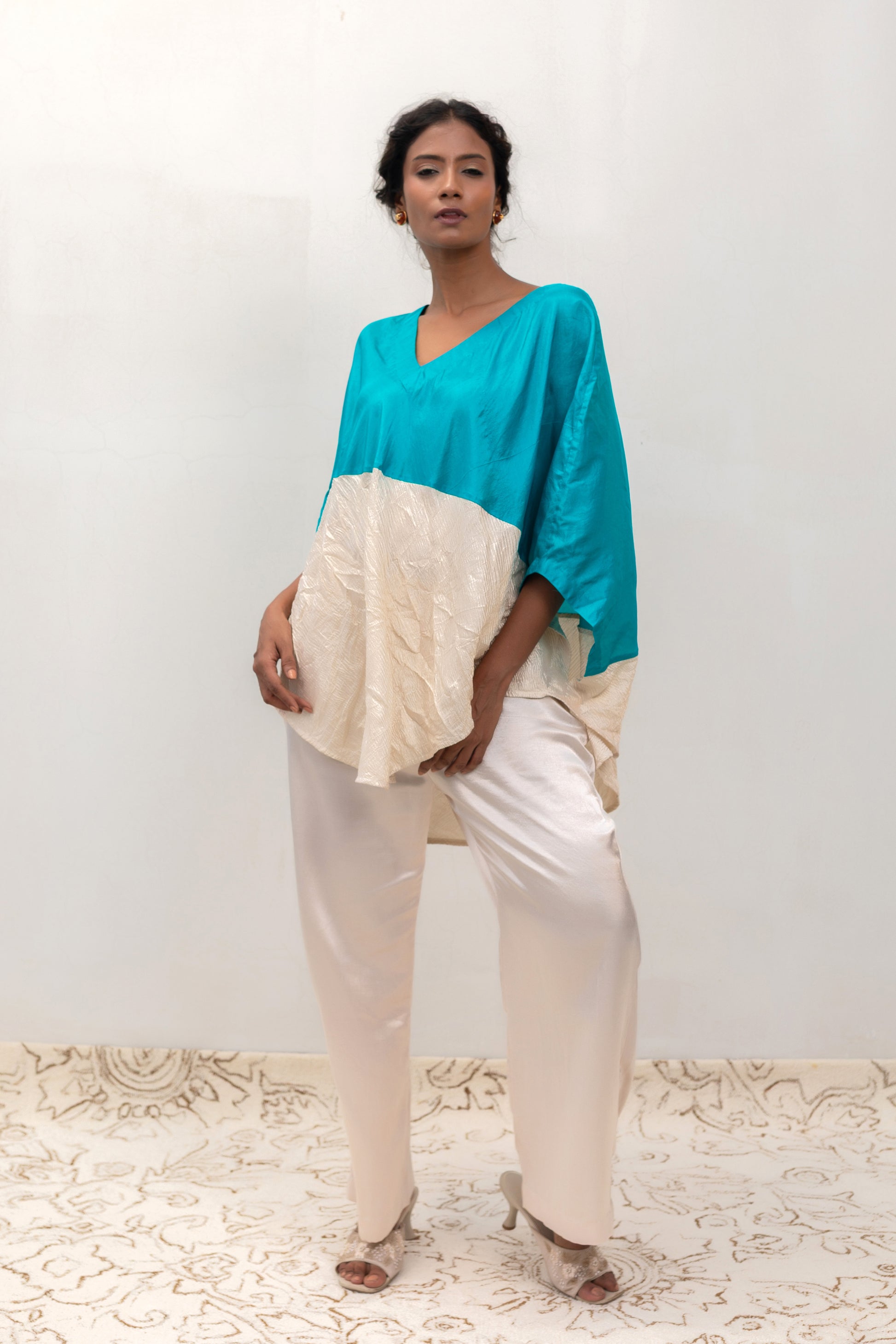 Blue Horizon Top in half turquoise silk, half metallic crushed tissue — Eeda Varq