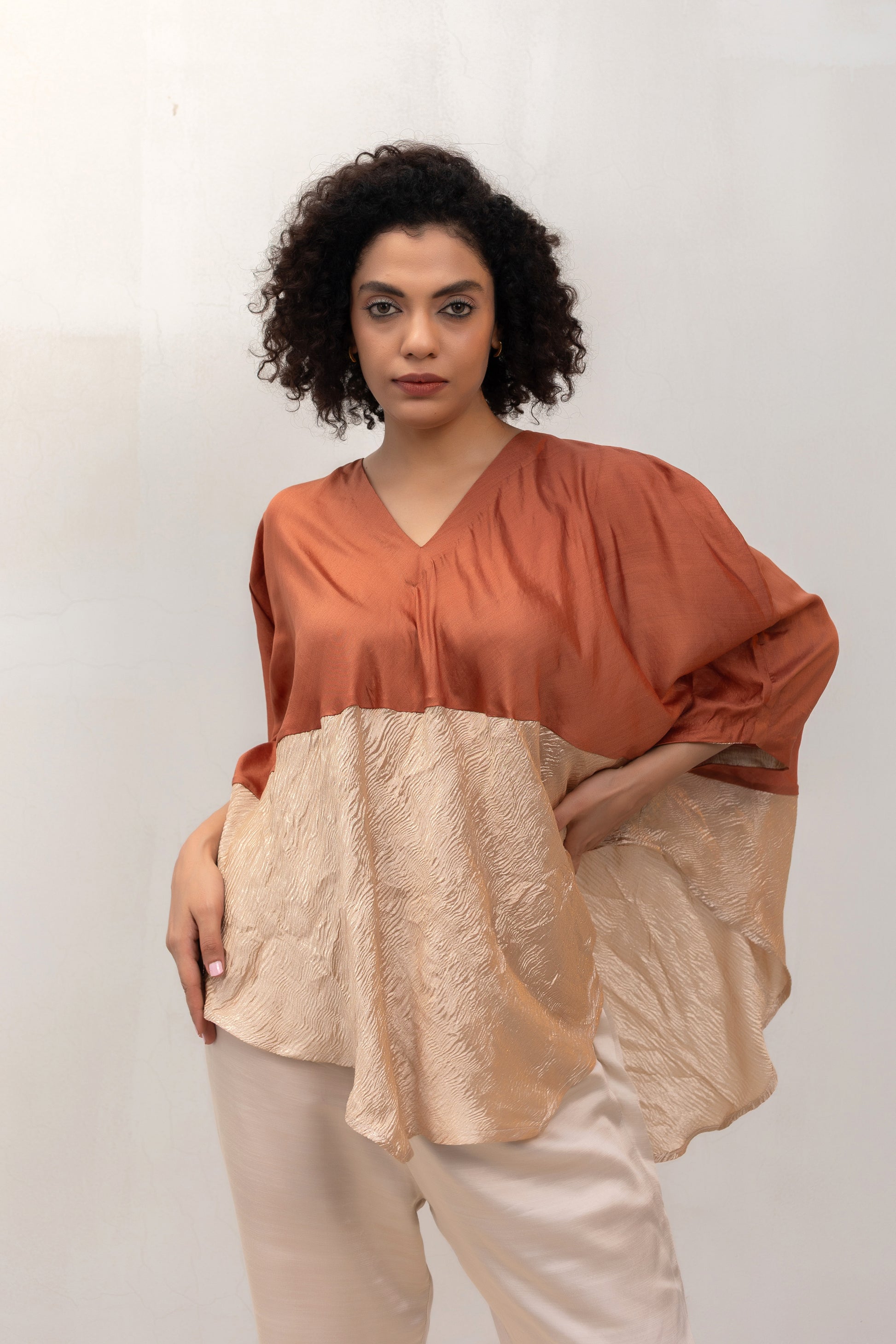 Contemporary Brown colour-block top with metallic crushed-tissue texture — Eeda Varq