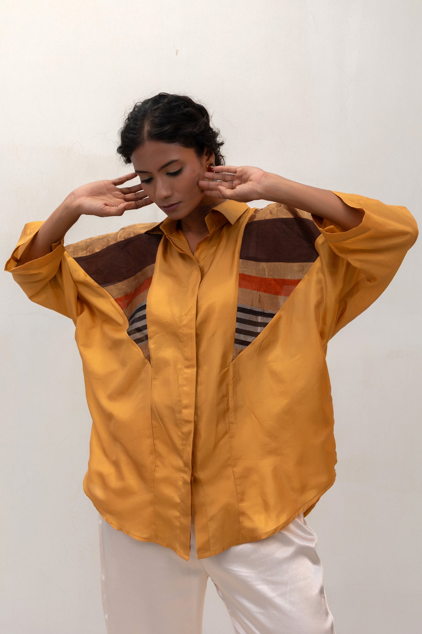 Relaxed mustard silk shirt with a cool metallic mosaic finish — Eeda Varq