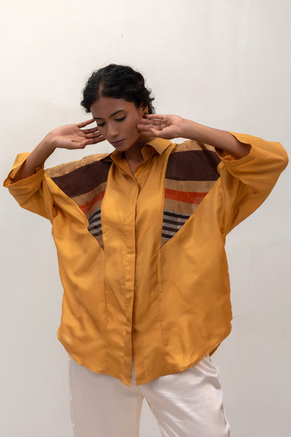 Relaxed mustard silk shirt with a cool metallic mosaic finish — Eeda Varq