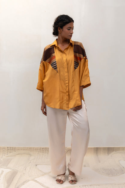 Mustard silk Mosaic shirt with scattered metallic patches — Eeda Varq