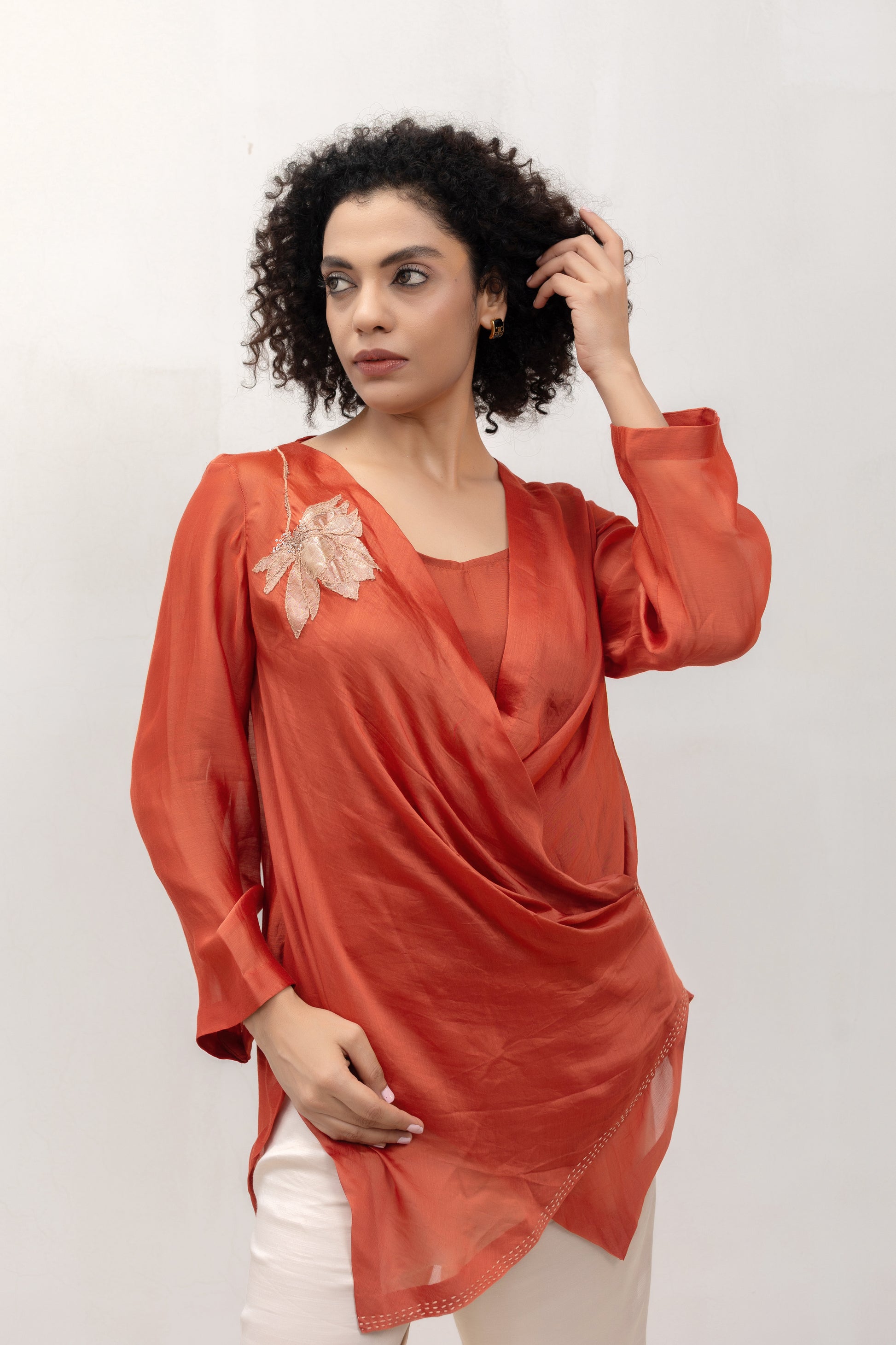 Contemporary orange drape top, relaxed fit, Indo-western separate — Eeda Varq