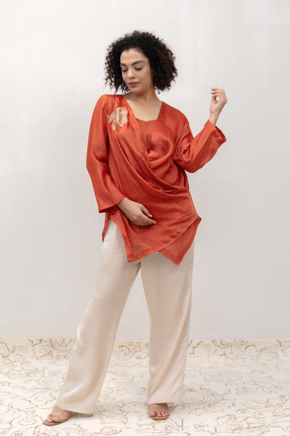 Rust mul-chanderi Petals drape top with a soft drape and chanderi inner — Eeda Varq