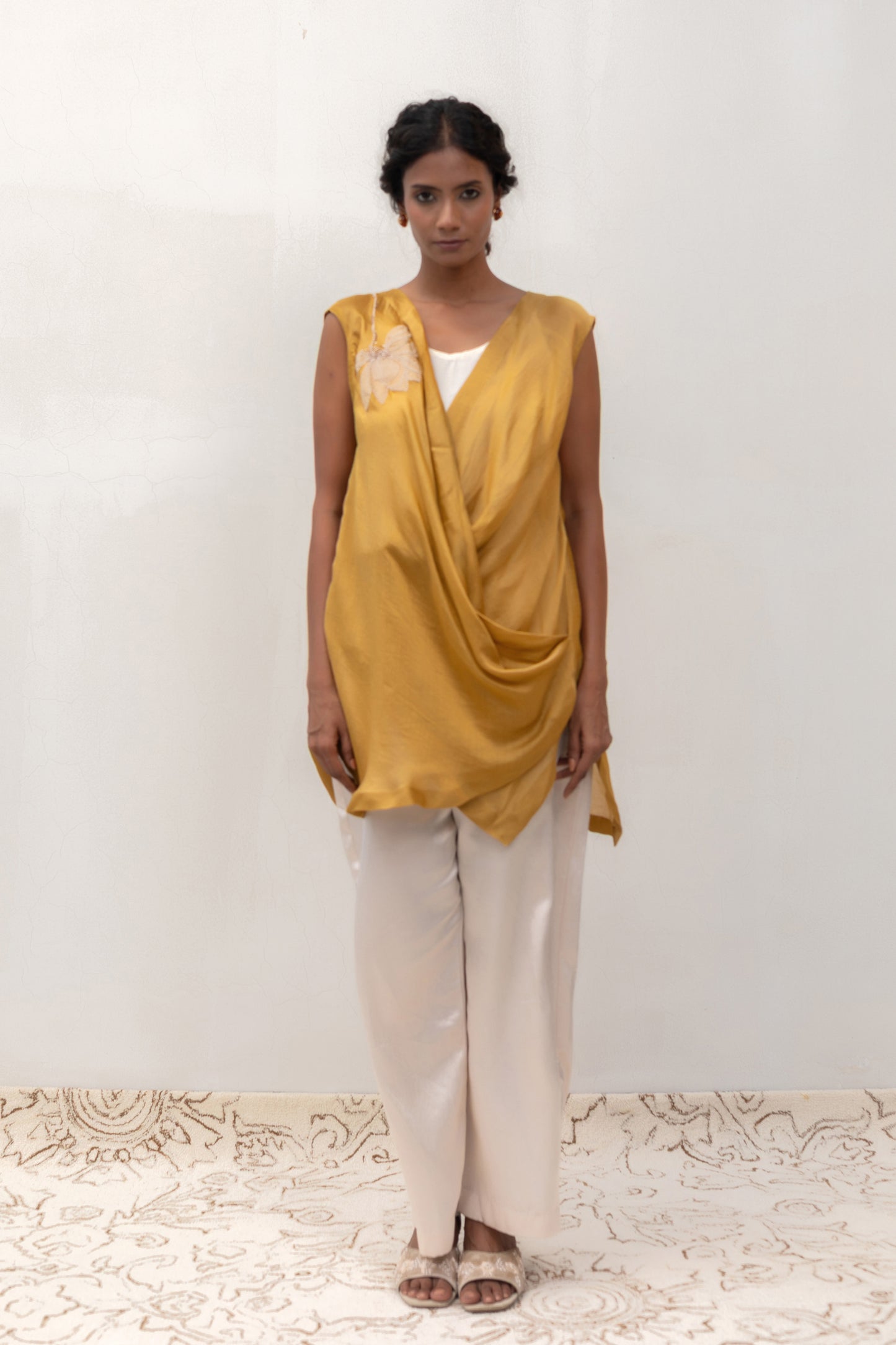 Yellow sleeveless mul-chanderi Petals drape top with a soft drape — Eeda Varq