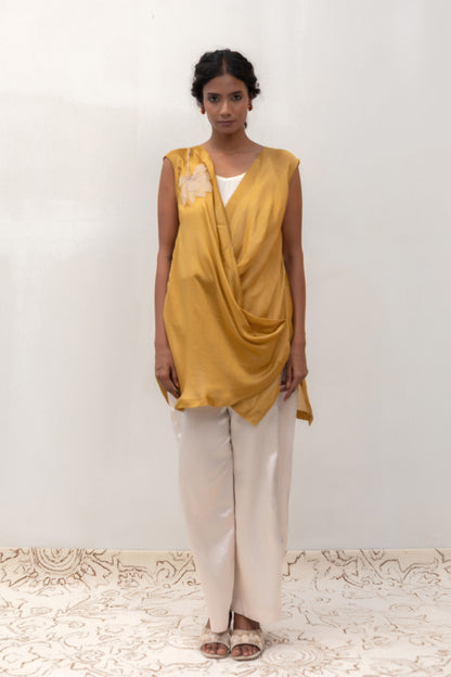 Yellow sleeveless mul-chanderi Petals drape top with a soft drape — Eeda Varq