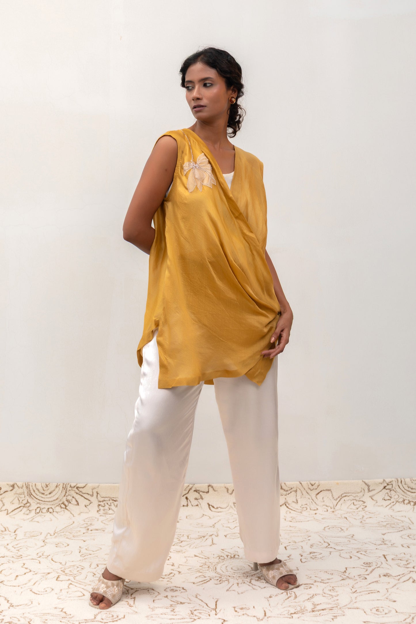 Contemporary mustard sleeveless drape top, Indo-western separate — Eeda Varq