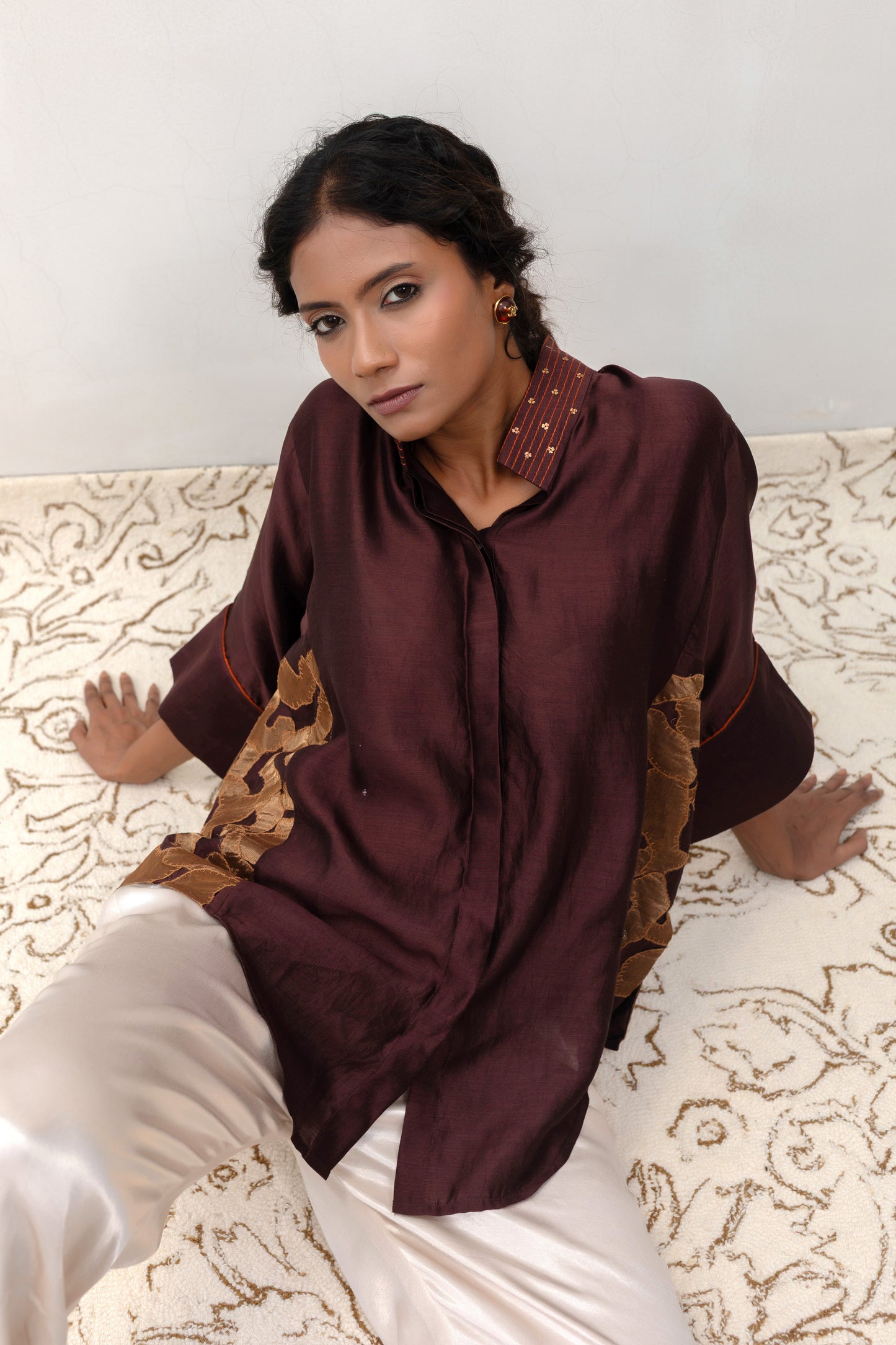 Contemporary dark color silk party-wear shirt with metallic vine appliqué — Eeda Varq