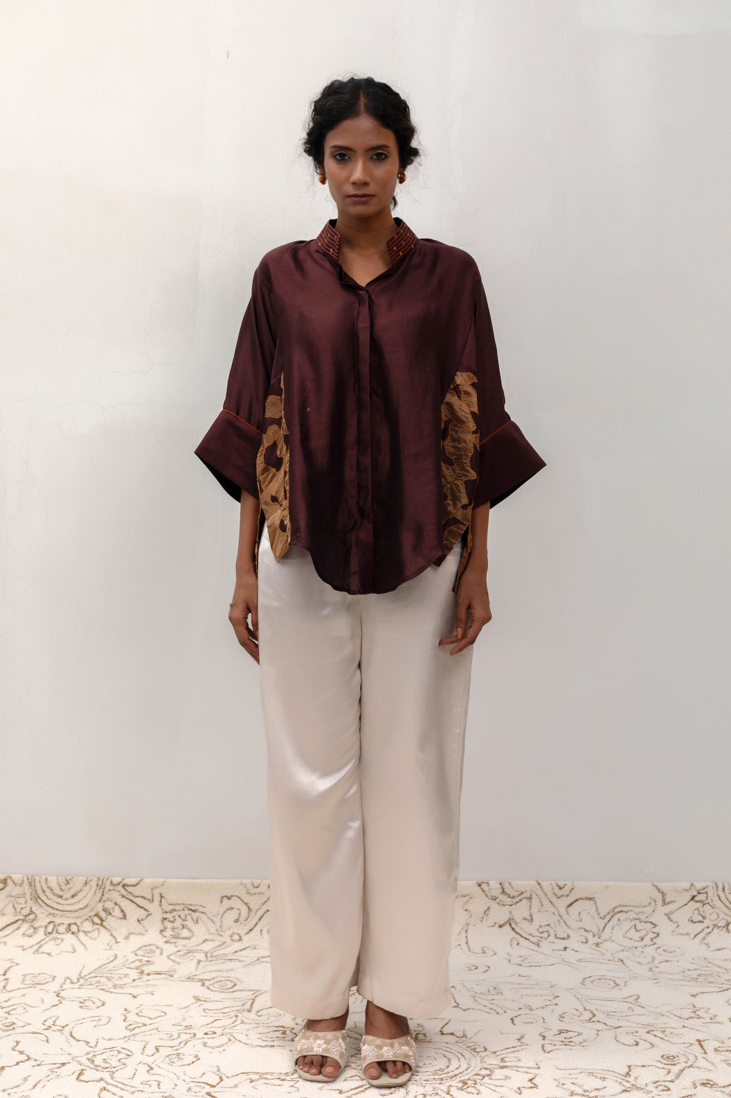 Brown silk Vine Shirt with metallic tissue vine appliqué on the side panels — Eeda Varq