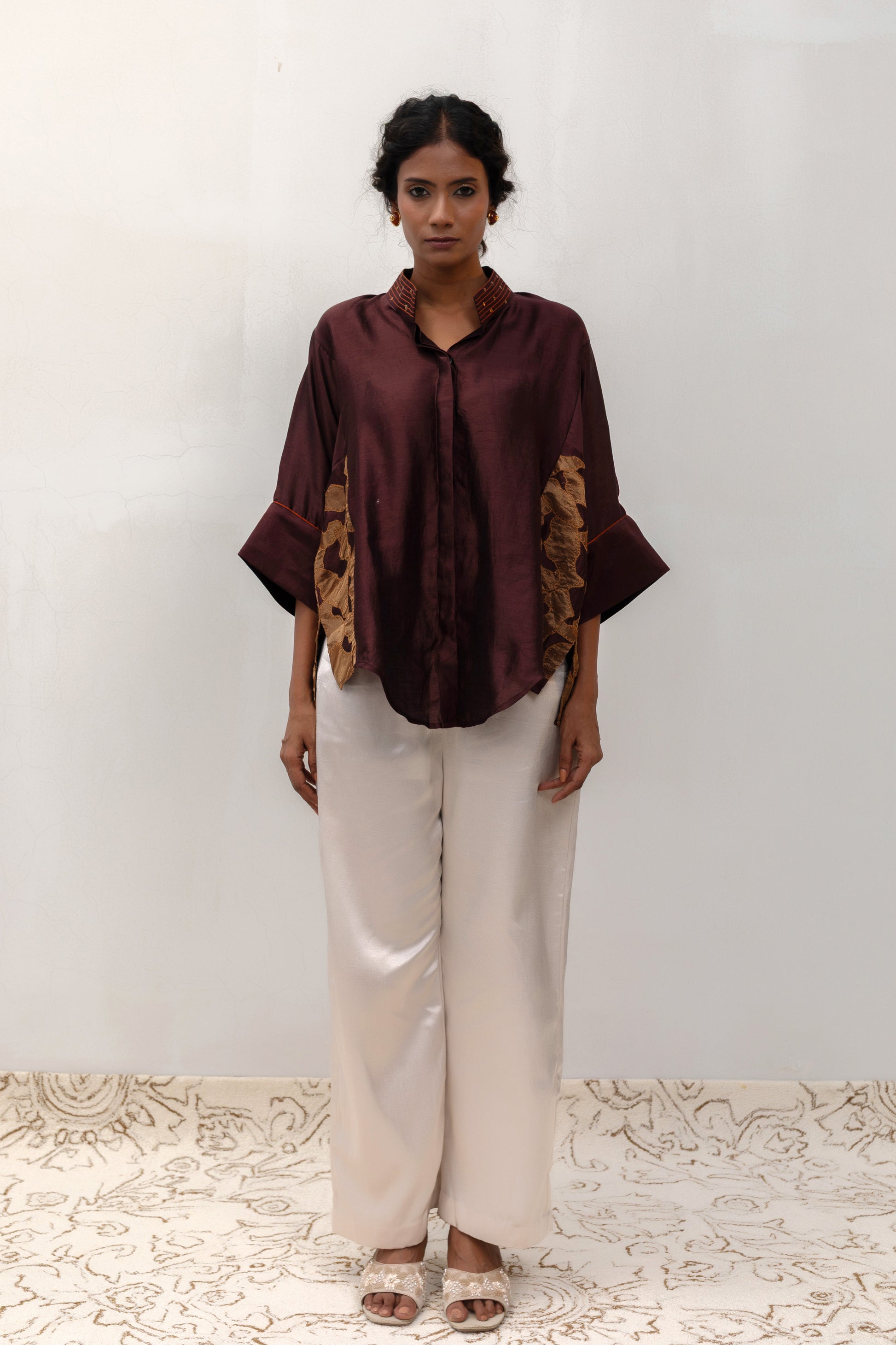 Brown silk Vine Shirt with metallic tissue vine appliqué on the side panels — Eeda Varq