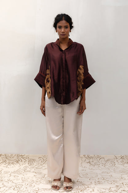Brown silk Vine Shirt with metallic tissue vine appliqué on the side panels — Eeda Varq