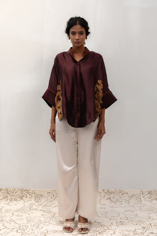 Brown silk Vine Shirt with metallic tissue vine appliqué on the side panels — Eeda Varq