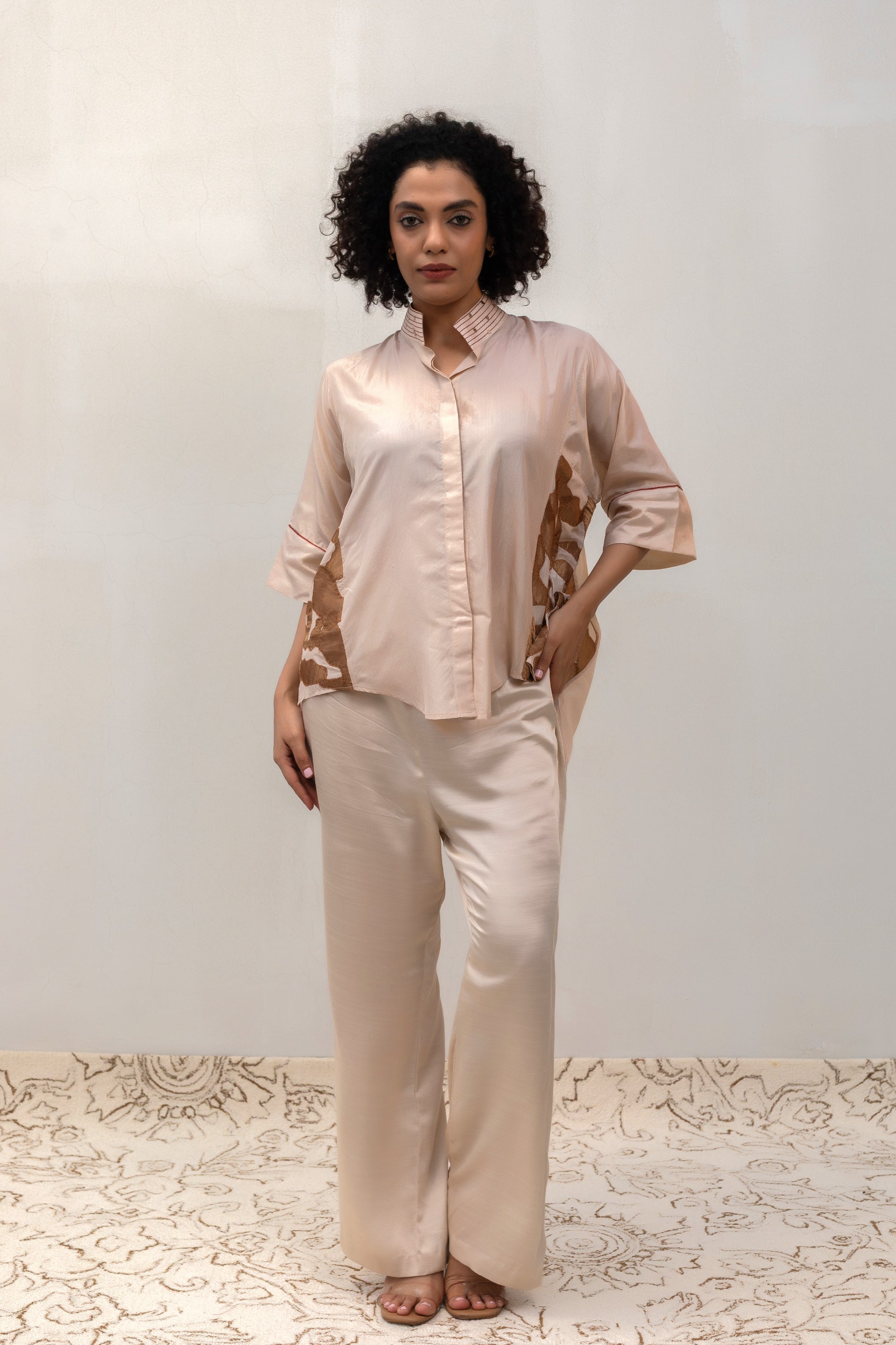 Ivory silk Vine Shirt with metallic tissue vine appliqué on the side panels — Eeda Varq