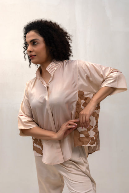 Contemporary cream silk party-wear shirt with metallic vine appliqué — Eeda Varq
