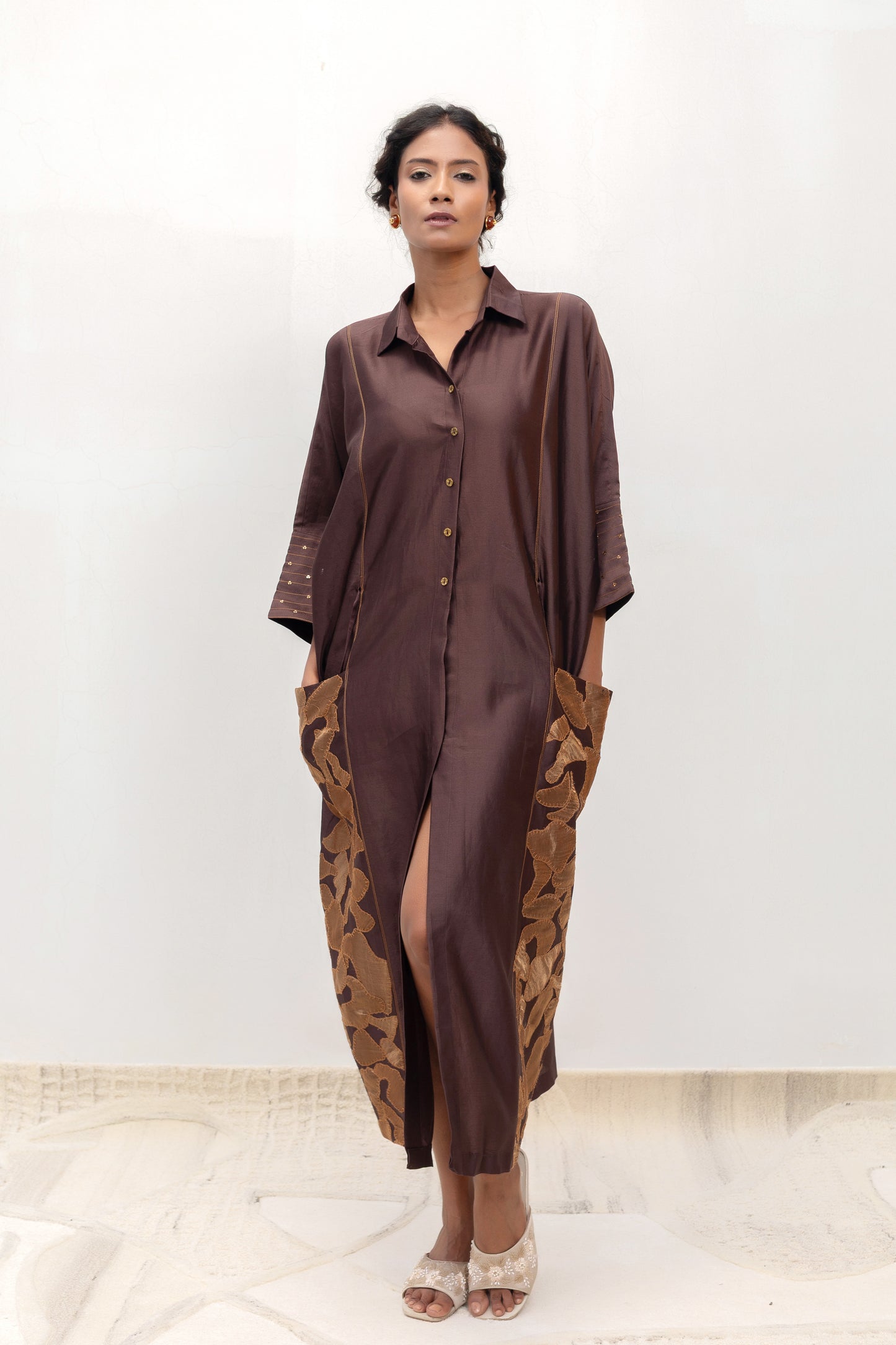 Brown chanderi Vine shirt dress with tissue-appliqué faux pockets and belt — Eeda Varq