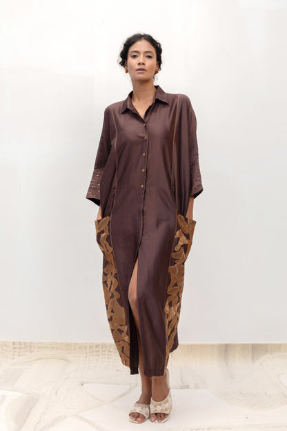 Brown chanderi Vine shirt dress with tissue-appliqué faux pockets and belt — Eeda Varq