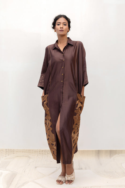 Brown chanderi Vine shirt dress with tissue-appliqué faux pockets and belt — Eeda Varq