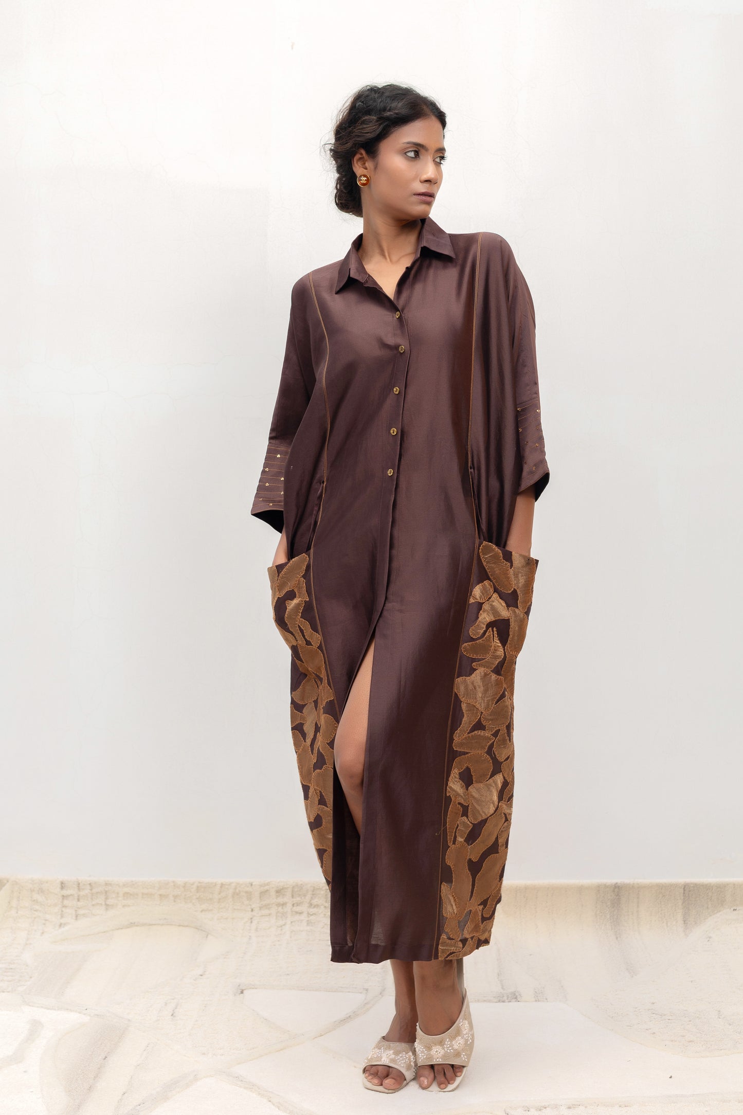 Contemporary brown chanderi shirt dress with metallic vine appliqué — Eeda Varq