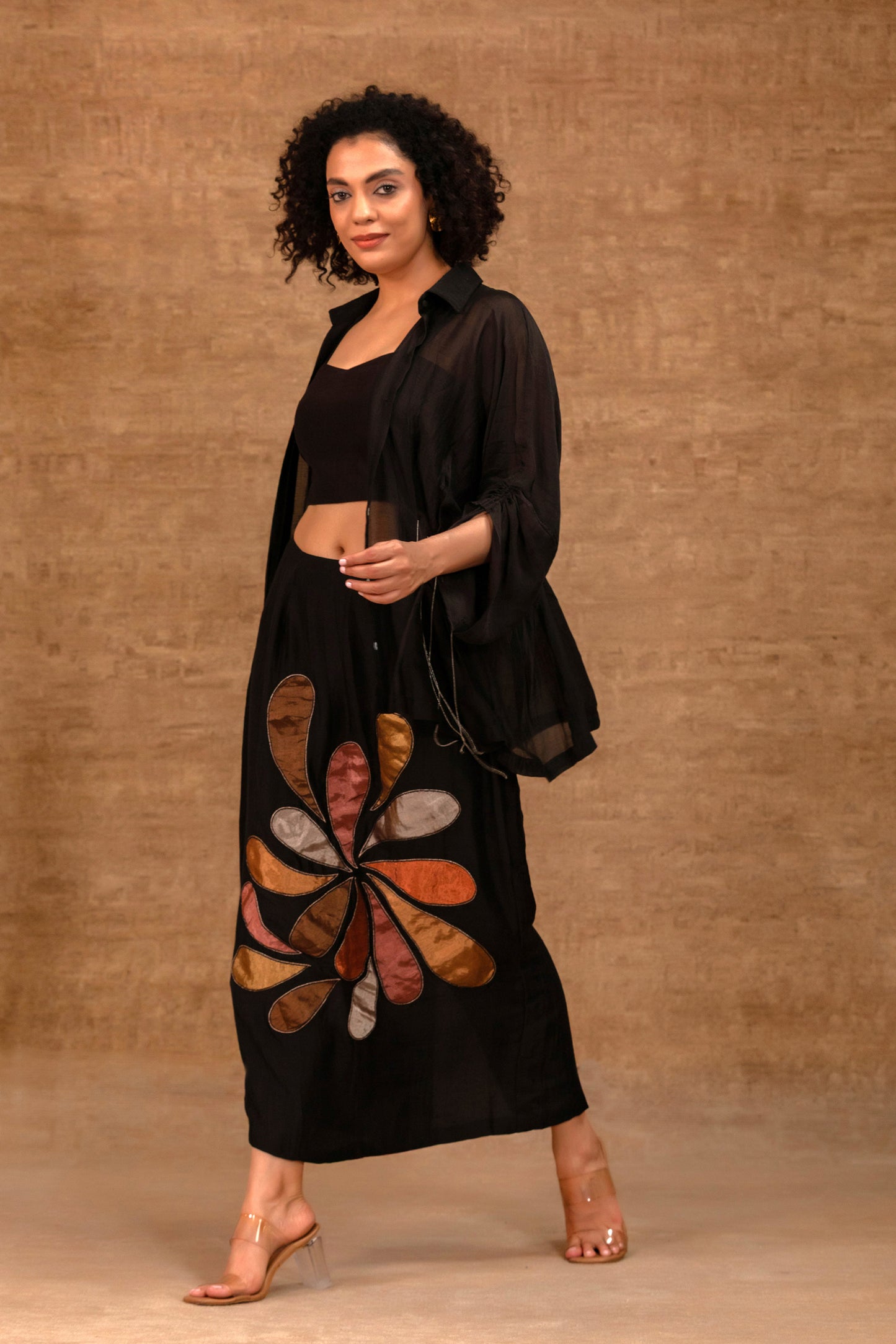 Black Indo-western chanderi shirt and skirt set for cocktail parties — Eeda