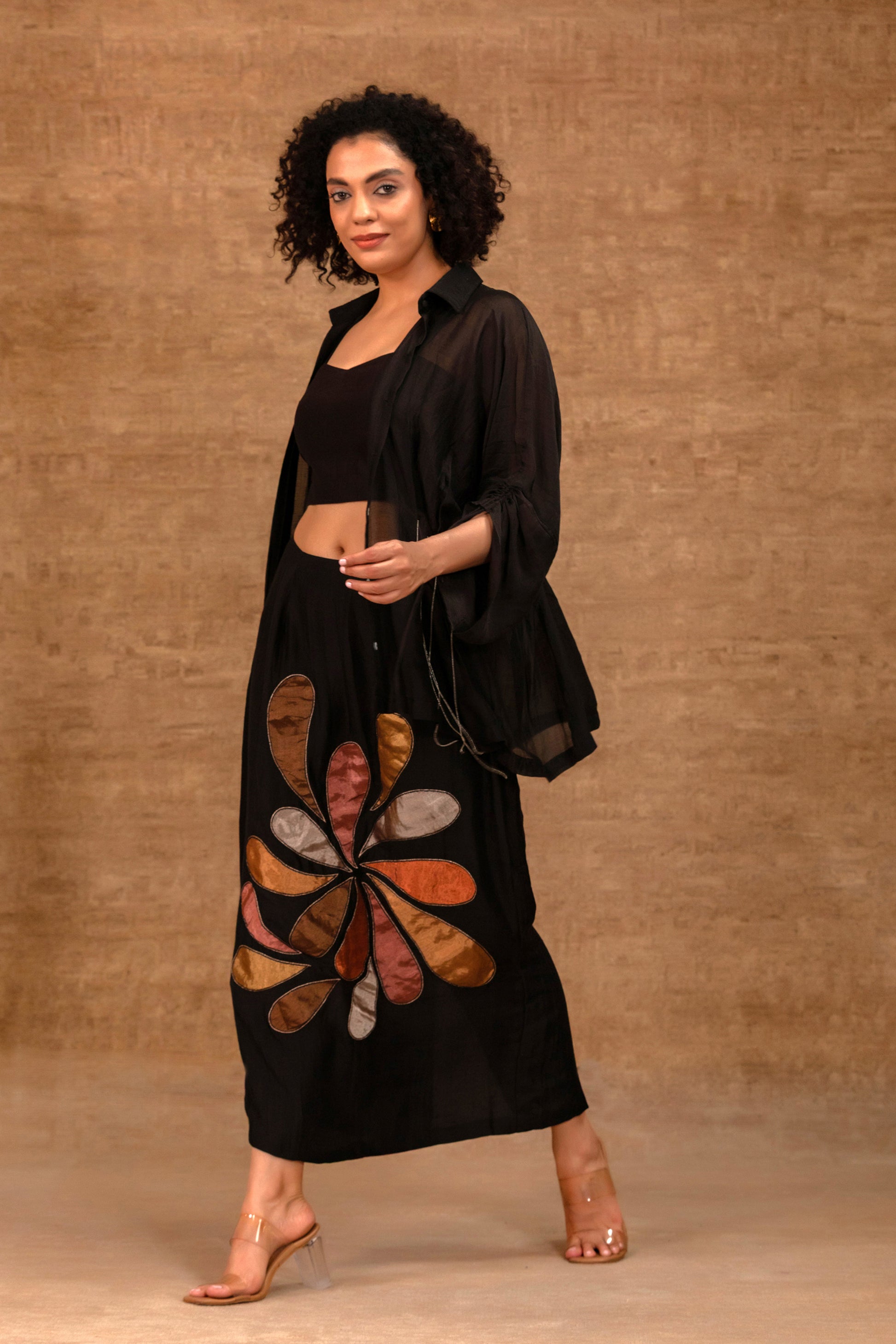 Black Indo-western chanderi shirt and skirt set for cocktail parties — Eeda