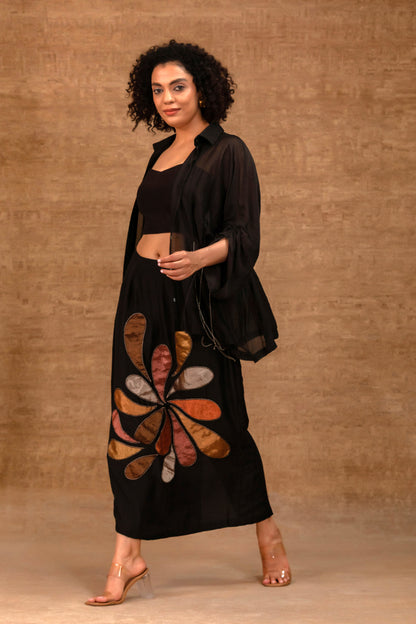 Black Indo-western chanderi shirt and skirt set for cocktail parties — Eeda