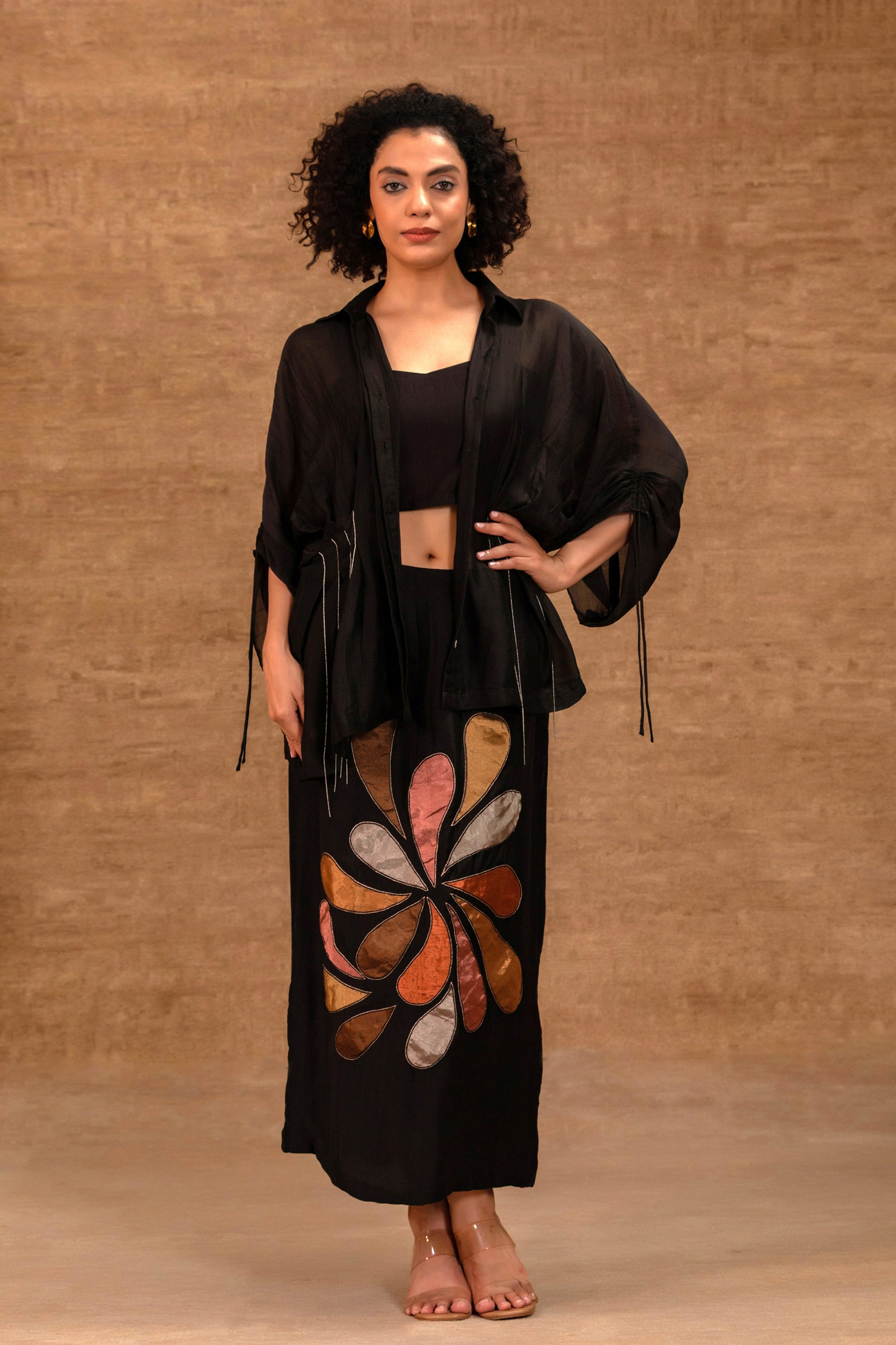 Black pleated silk chanderi shirt with bustier and patchwork skirt — Eeda
